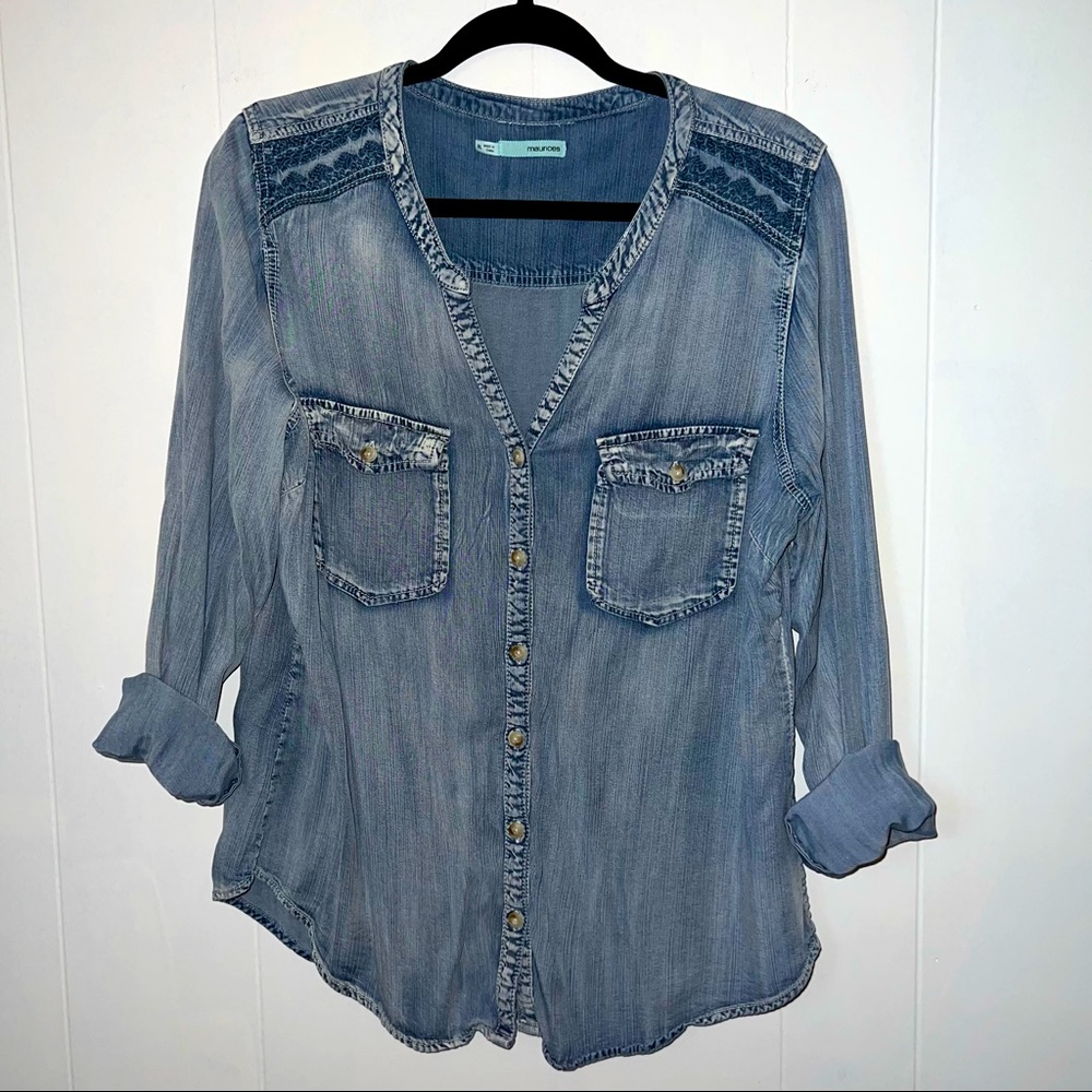 Maurice’s Super Soft Denim Long Sleeve Button-Up, Embroidered Shoulders, Size XL